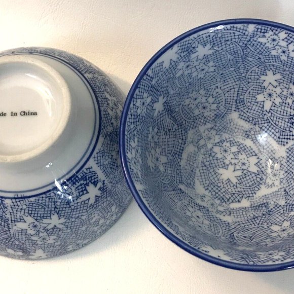 VTG Set 2 Chinese Blue & White Porcelain Pedestal Rice Bowls Flower 4” x 3" - Picture 2 of 4